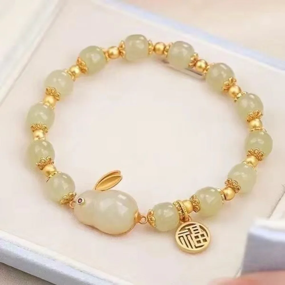 

Cute Rhinestone Rabbit Bracelets for Women Strand Gold Beads Korean Vintage Charm Bangles Students Children's Friendship Jewelry