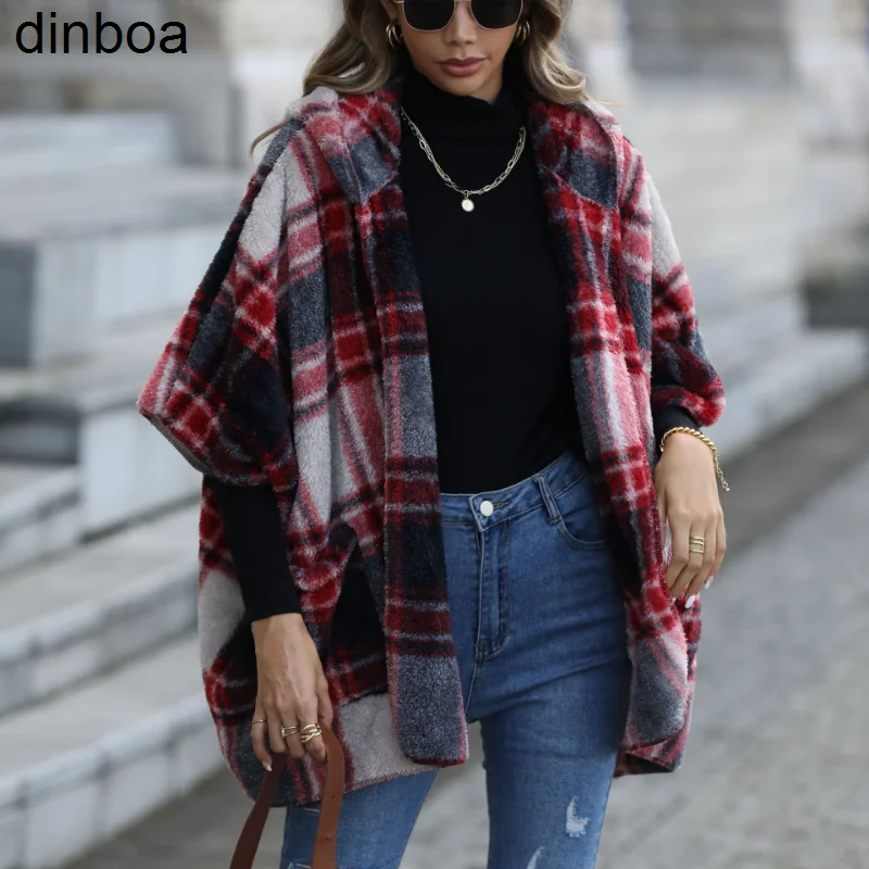 

Dinboa-куртка Женская Полосатая клетчатая Флисовая теплая куртка в винтажном стиле Харадзюку оверсайз с капюшоном и рукавом до локтя кардиган осень-зима
