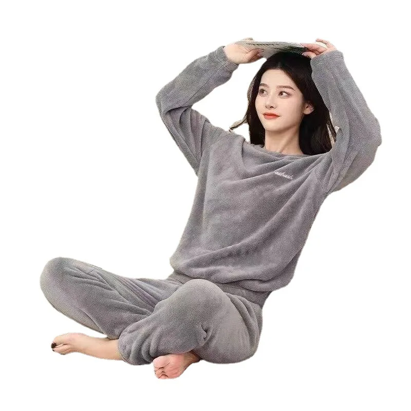 Coral Velvet Pajamas Women's Thickened Flannel Housewear Suit Sleepwear Women O Neck Long Sleeves Solid Color женское бельё