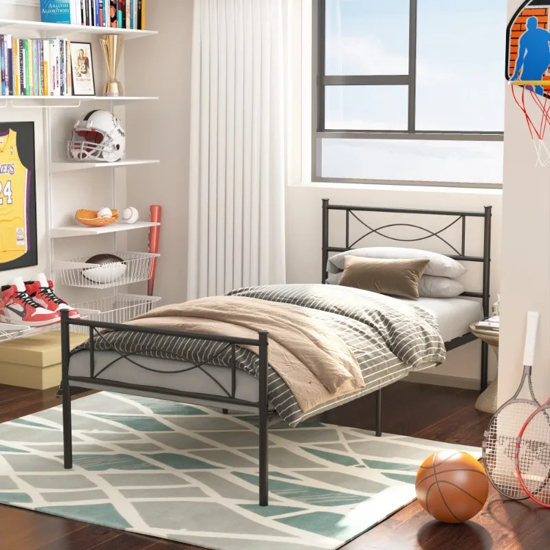 

Twin Size Metal Platform Bed Frame with Bowknot Headboard & Footboard for Kids, Black