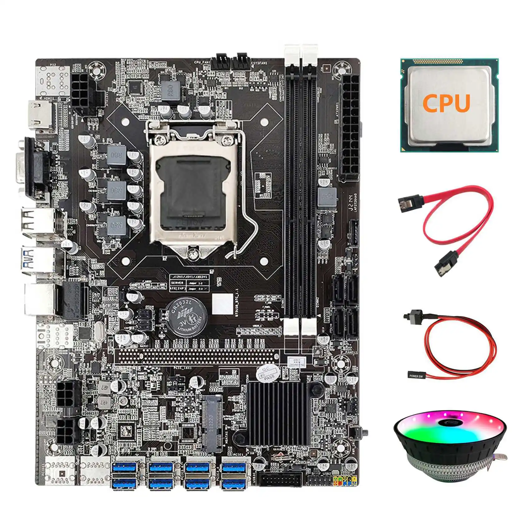 B75 BTC Mining Motherboard+CPU+RGB Cooling Fan+SATA Cable+Switch Cable LGA1155 8XPCIE USB Adapter DDR3 MSATA Motherboard