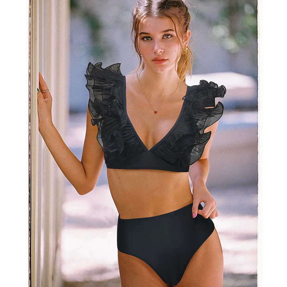 Новинка 2023, черное бикини с вышивкой из органзы, бикини с высокой талией, Раздельный  купальник, женский купальный костюм, купальник, летняя пляжная одежда |  AliExpress
