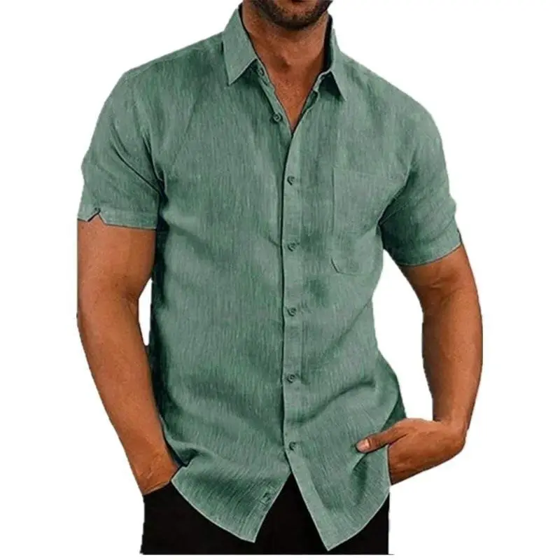 

Summer Men Clothing Lapel Solid Color Short Sleeved Button Men's Linen Shirt Men's Top