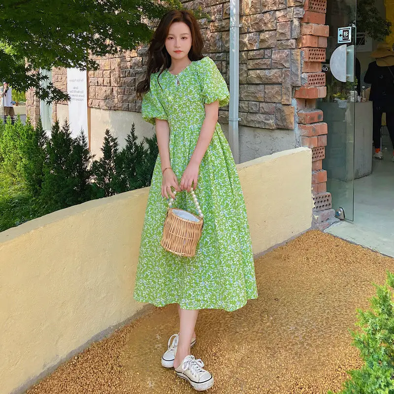 

2022 Summer Women's New V-neck Floral Print Dress Female Short Sleeve Loose Dresses Ladies Long Chiffon A-line Vestidos W09