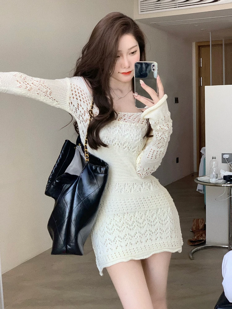 

Vintage Long Sleeve Lace Short Party Dress Female Korea Fashion Slim Sexy Y2k Mini Dress Women 2022 Autumn Elegant Knitted Dress