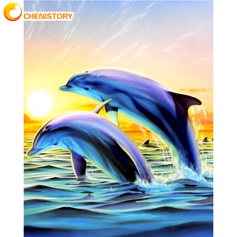

CHENISTORY DIY Ручная работа Набор для рисования по номерам Раскраска по номерам Дельфин на холсте животное Безрамная Цифровая ручная живопись