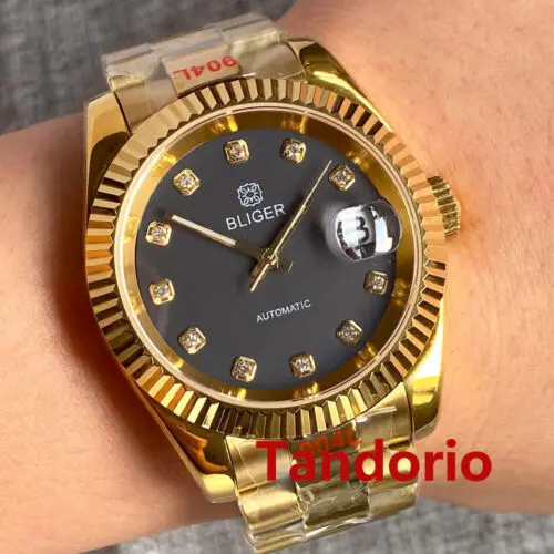 

Bliger 36mm/39mm Sapphire Glass Diamond Index Sunburst Dial NH35A Automatic Yellow Gold Men's Watch Fluted Bezel Date Luminous
