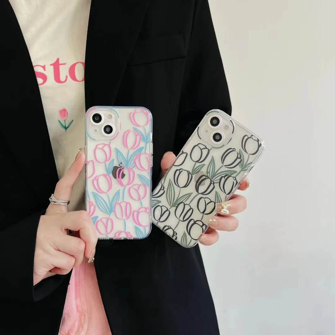 

Pink INS Transparent Tulip Simple Phone Case Funda Protective For iPhone 13 Pro 11 12 Pro Max XS Max XR X Plus Soft Bumper