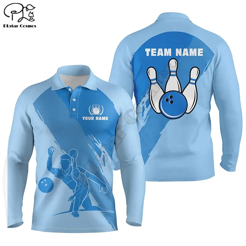 

Personalized 3D bowling polo shirts for men Custom blue team bowling jerseys for men 3D Printed Long sleeved Polo Shirts