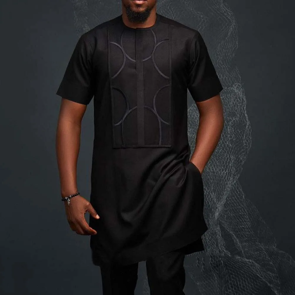 

Men's Two-piece Ramadan Black Round Neck Youth African National Style Short-sleeved Mid-length Suit Summer 2022 New Muslim