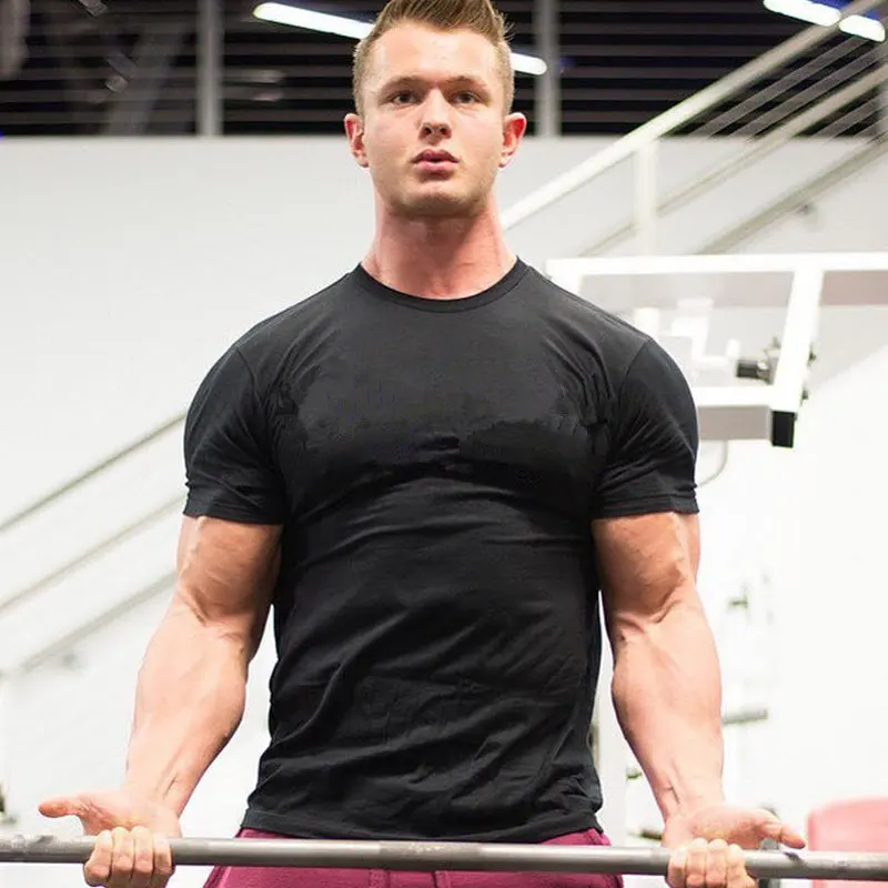 

B8659 Men Short sleeve black Solid Cotton T-shirt Gyms Fitness Bodybuilding Workout t shirts Male Summer Casual Slim Tee Tops