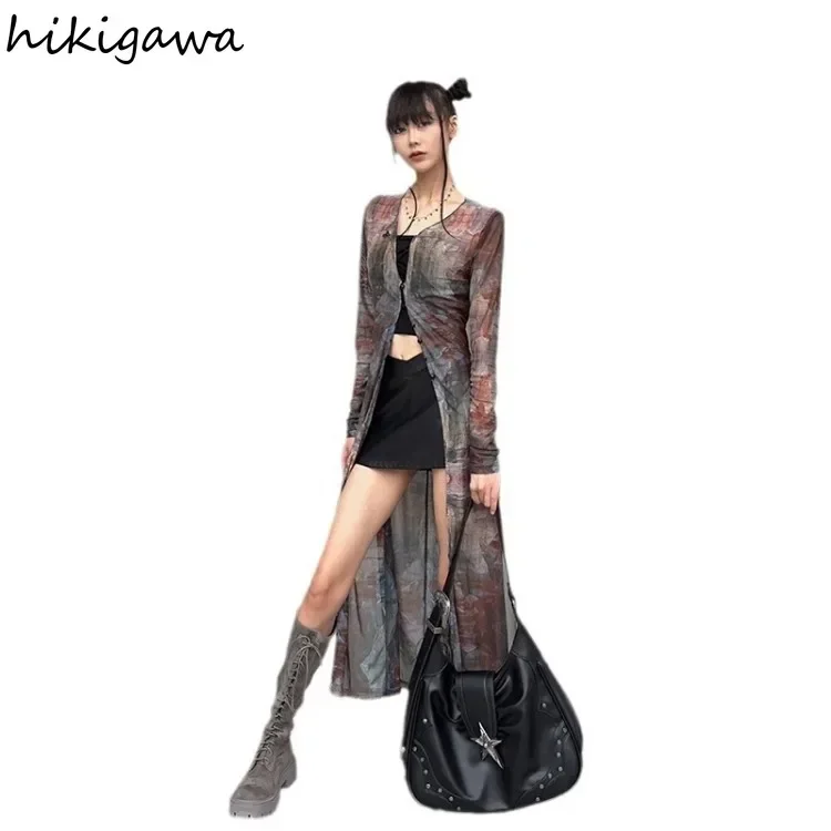 Женская винтажная блузка из газовой ткани прозрачная длинная рубашка с длинным