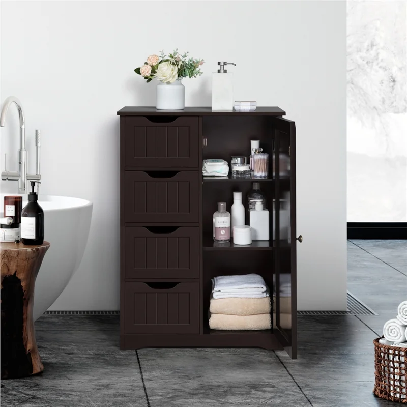 

Finish Stylish Espresso-Finish 4 Drawer Bathroom Storage Cabinet with Cupboard - Perfect for Narrow Areas