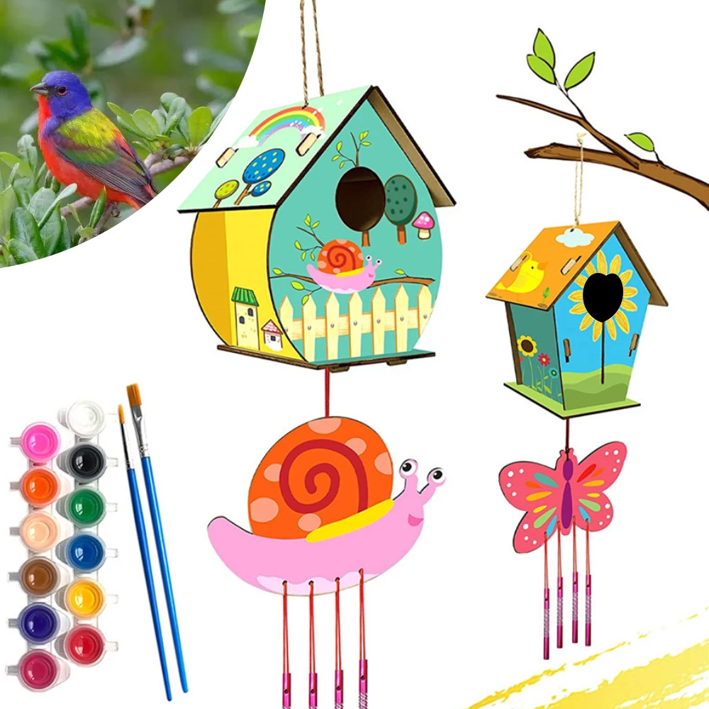 

Wooden Birdhouse Kits Children's Graffiti Wind Chimes Birdhouse for Kids DIY Build and Paint BirdHouse DIY Crafts Kits