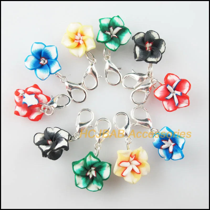 

20Pcs Mixed Fimo Polymer Clay Flower Charms Silver Plated With Clasps 12mm