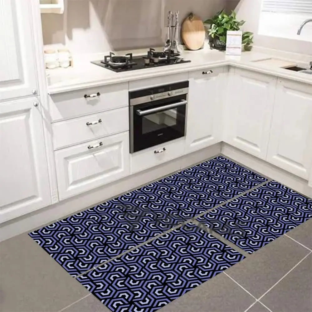 

Set Kitchen Mat Rubberized High Absorption Kit 3 Pieces Hive Blue Non-slip Floor Mat Bedside Rug Bathroom Rugs Room Decoration