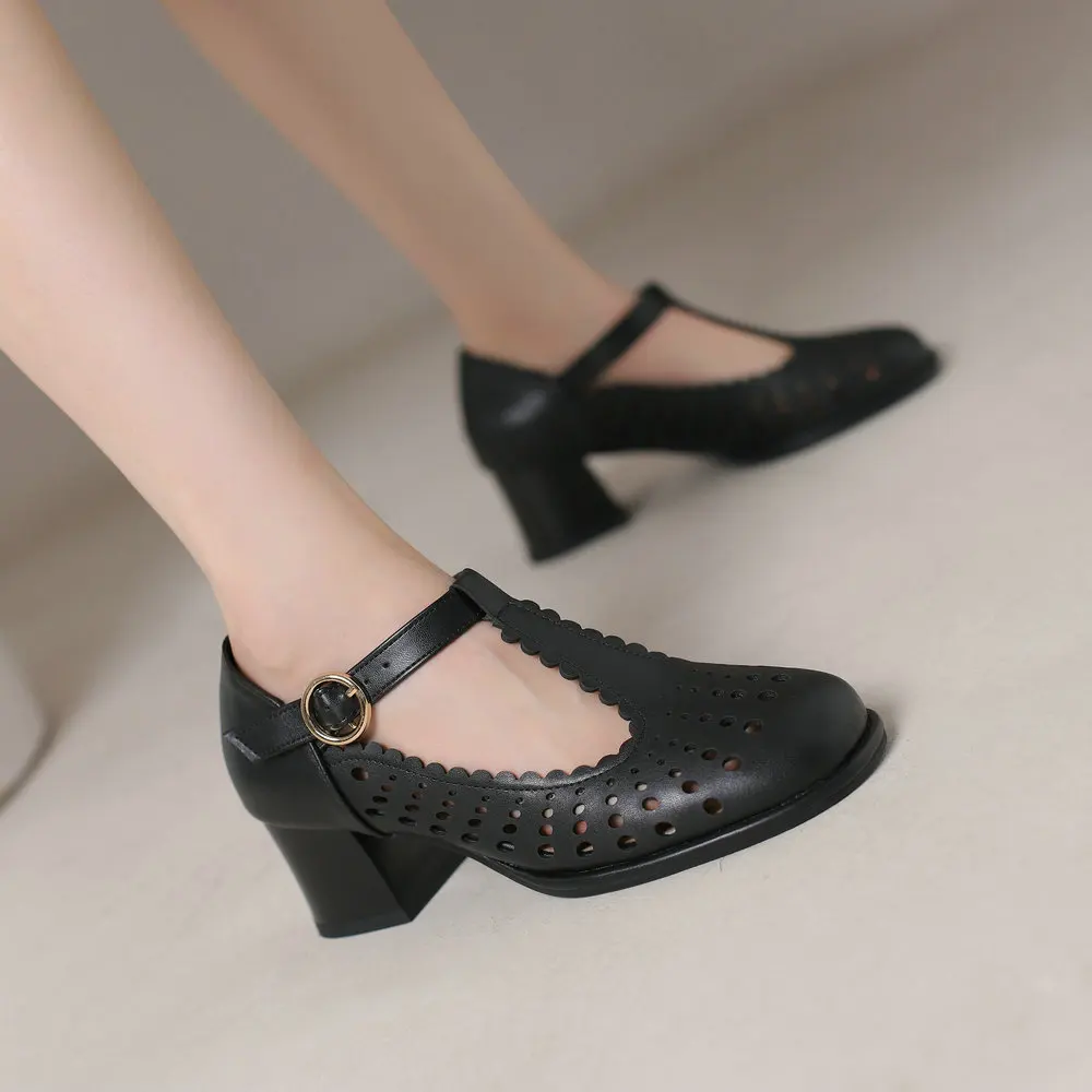 Summer Women's Chunky Heel T-Strap Shoes with Hollow Out Design Buckle Closure White Black Colors Pumps Plus Size Up to 48