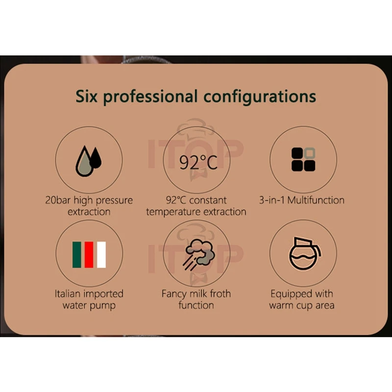 Фото Полуавтоматическая кофемашина ITOP Professional для дома, компактная итальянская кофемашина с функцией приготовления молочной пены для молотого кофе/кофейных капсул/жестких блоков. №3