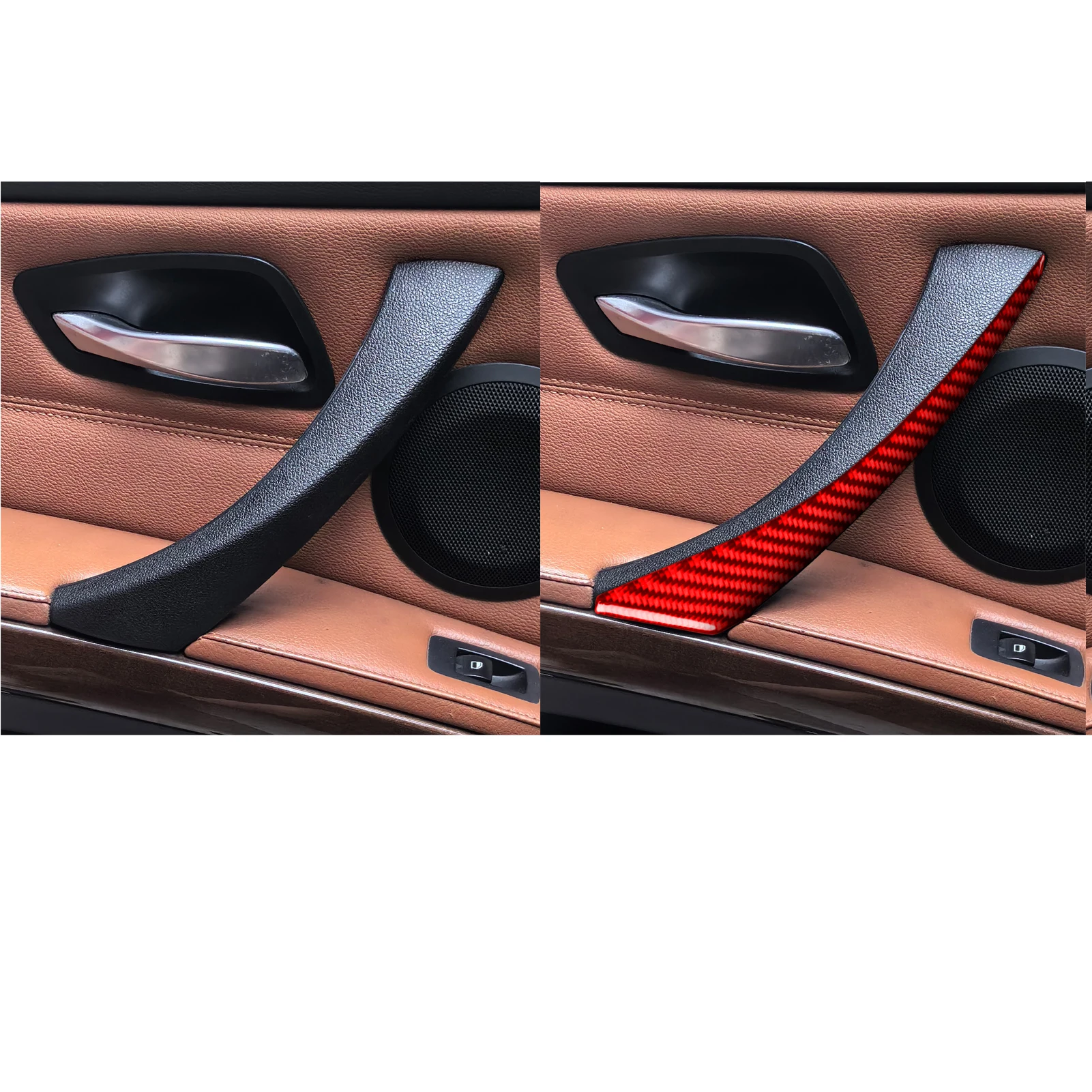 Фото Для BMW 3 серии E90 2005-2012: накладки на внутренние ручки дверей, красные, из настоящего мягкого карбона, аксессуары для интерьера, стикеры №2
