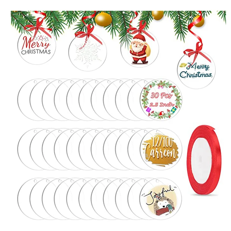 

30Pcs Acrylic Keychain 2.5 Inch Circle Blank with Hole Acrylic 0.080Inch 1/12 Inch Thick for Acrylic Red Ribbon for Xmas