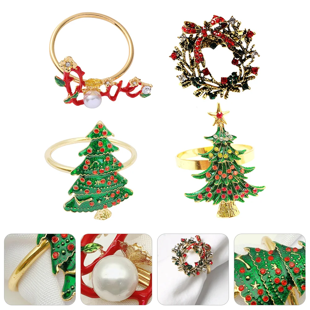 

4pcs Christmas Napkin Rings Xmas Tree Wreath Napkin Rings Napkin holders Christmas Dinner Table