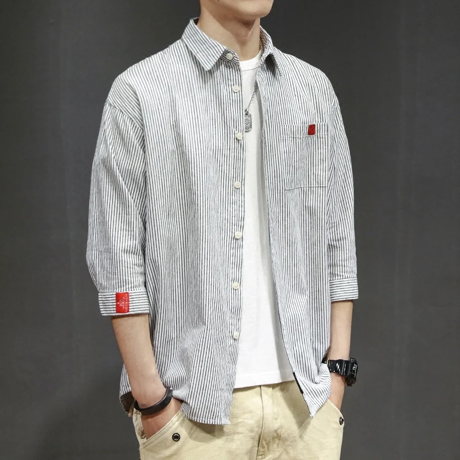 

Fall Men's Shirts Japanese Harajuku Style Loose 3/4 Sleeve Striped Shirt Hong Kong Style Trendy Easy Matching Coat