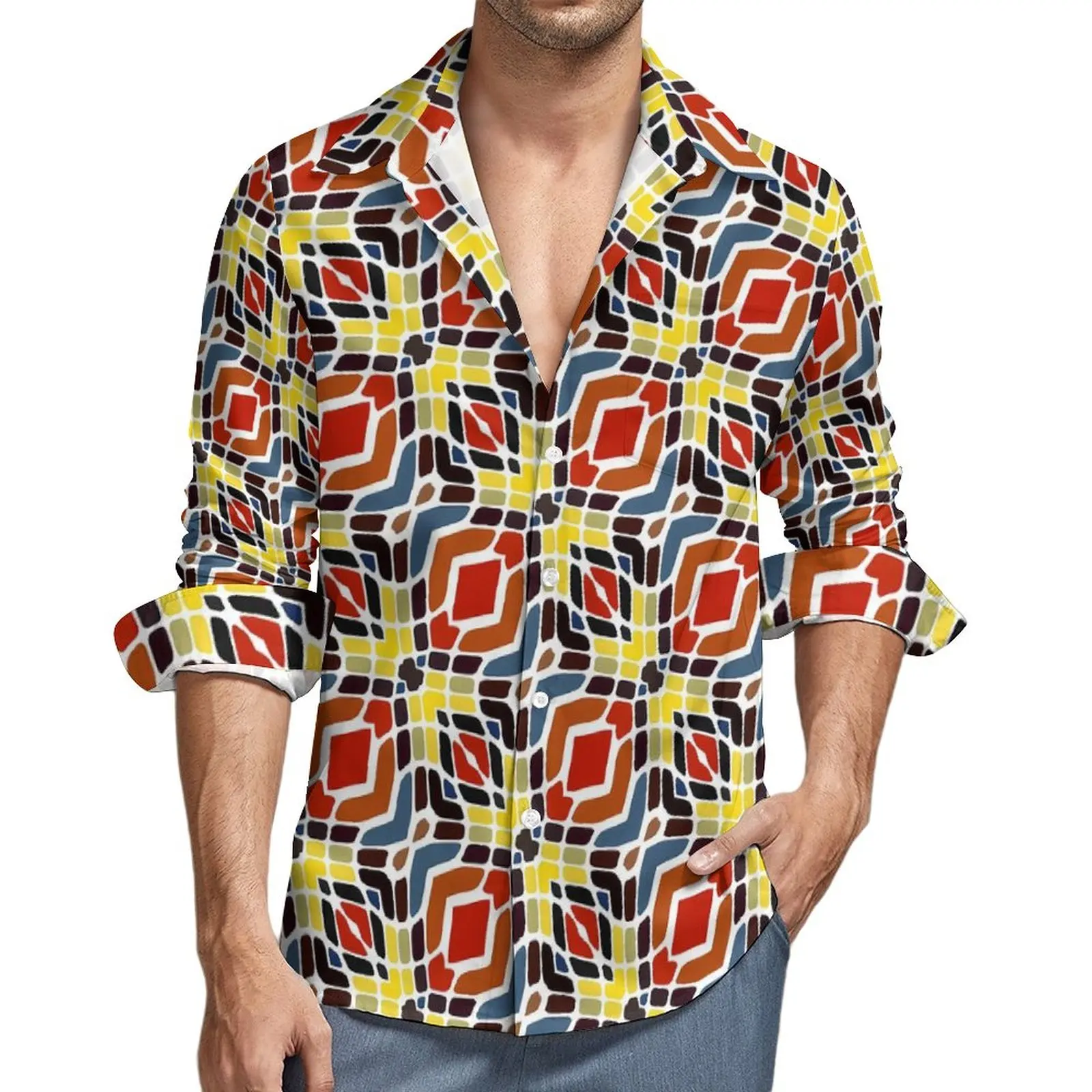 

Tribal Print Shirt Autumn Red Yellow Casual Shirts Man Vintage Blouses Long Sleeve Graphic Streetwear Clothing Big Size