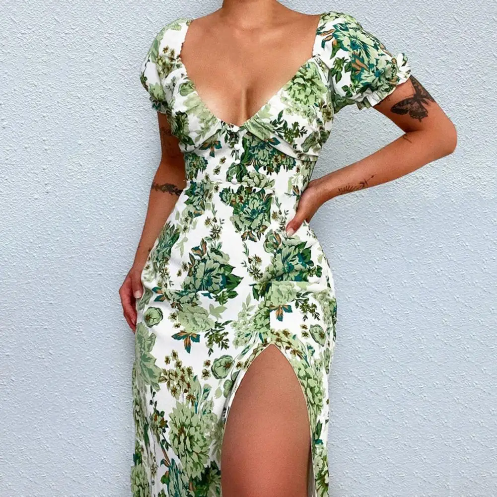 

Women Dress Flower Pattern Ruffle Sleeve Polyester Fiber Sexy Summer Midi A-line Dress Women Clothing Birthday Gift 2022