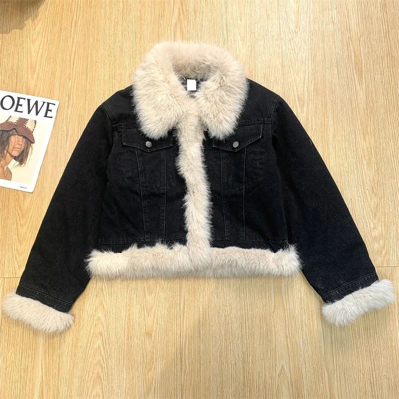 American INS Street Wool  Color Contrast Denim Cotton Jacket Women's Retro Short Autumn And Winter  Versatile Coat