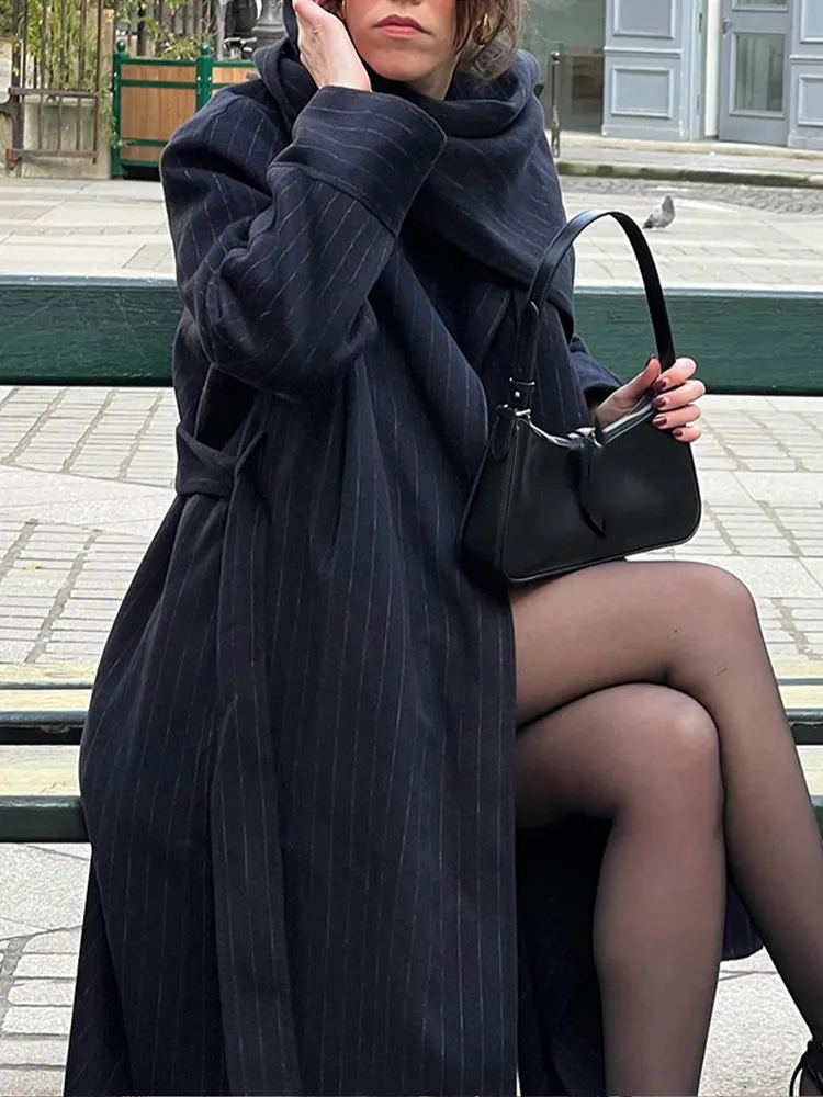 Элегантное полосатое женское длинное пальто повседневное свободное большого