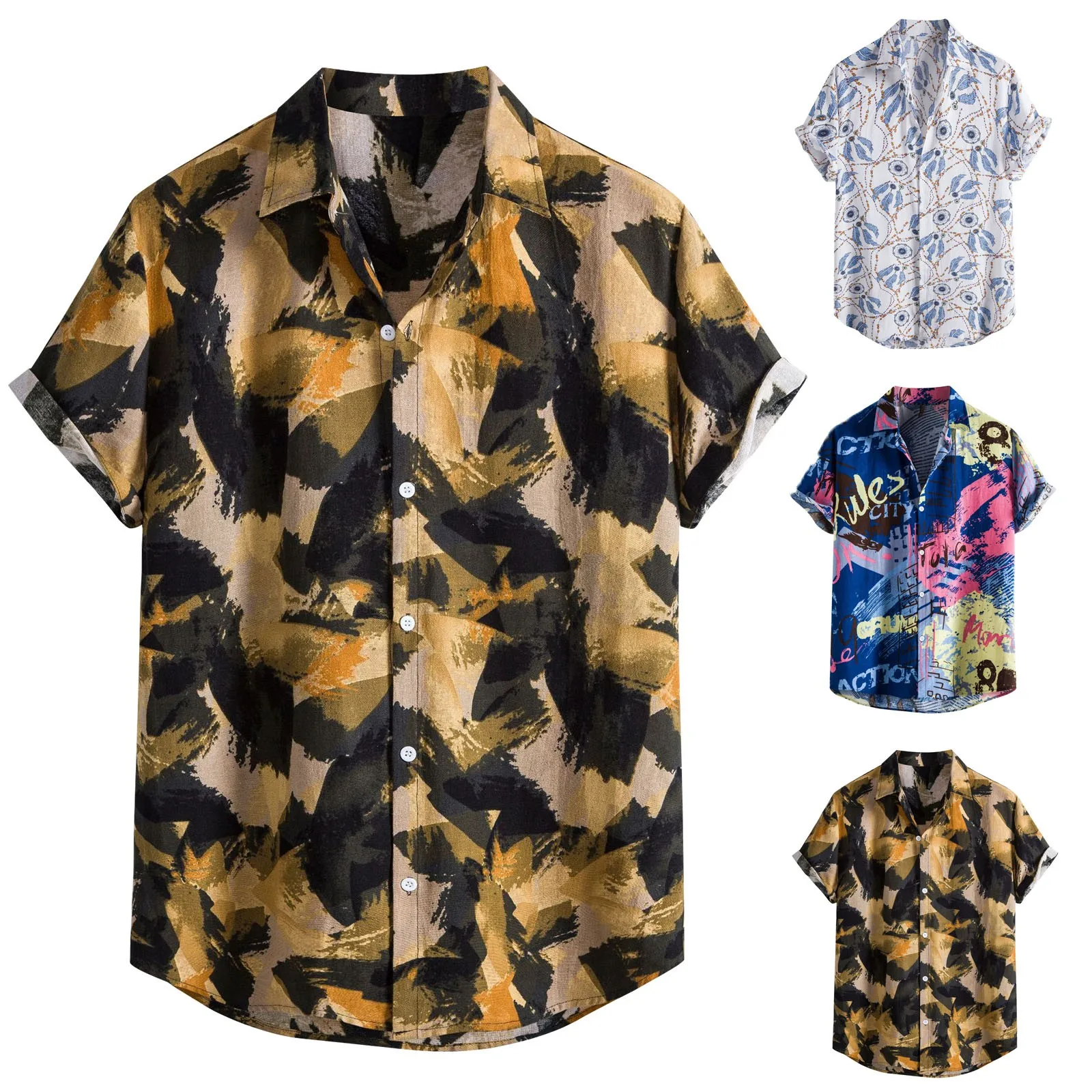 

Мужская Повседневная рубашка с отложным воротником, Повседневная пляжная рубашка большого размера с принтом и короткими рукавами для отды...