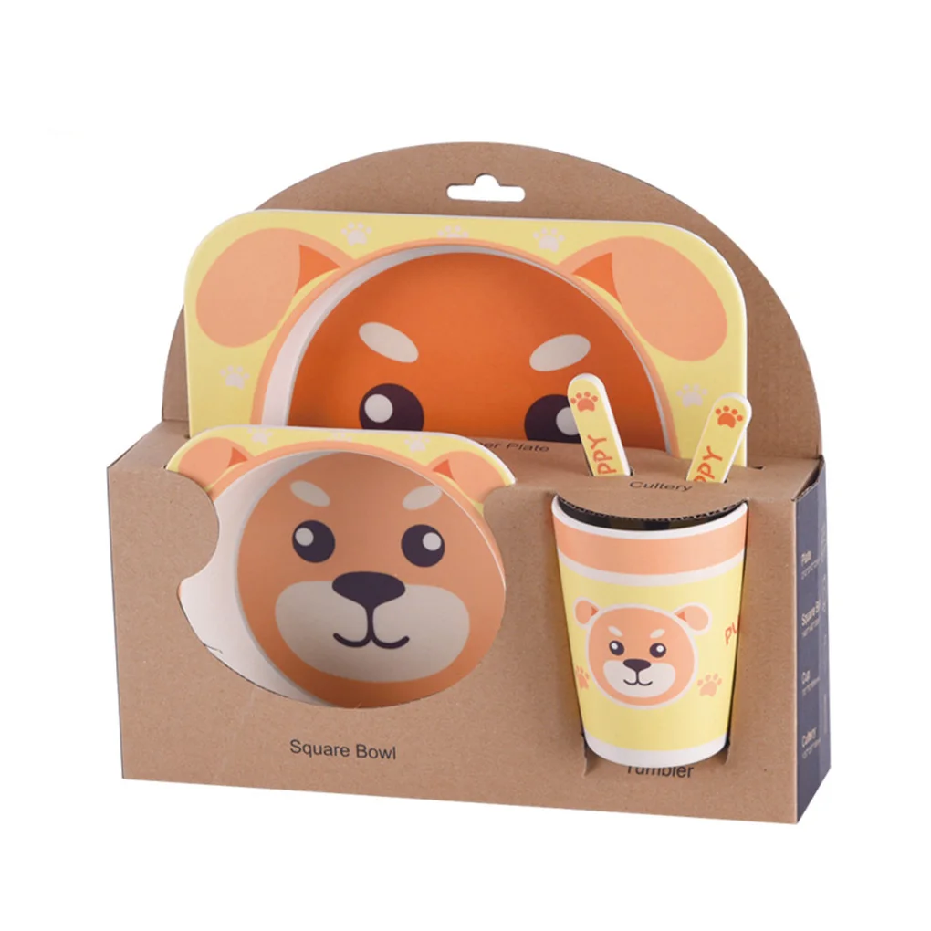 

Набор детской посуды из 5 предметов, чаша из бамбукового волокна с мультяшными животными, набор посуды для малышей, чашка, ложка, вилка, миска...