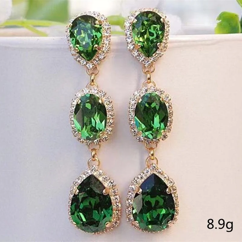 

Fashion Long Green Water Drop Crystal Stud Earrings Inlaid White Rhinestone Zircon for Women Party Wedding Jewelry