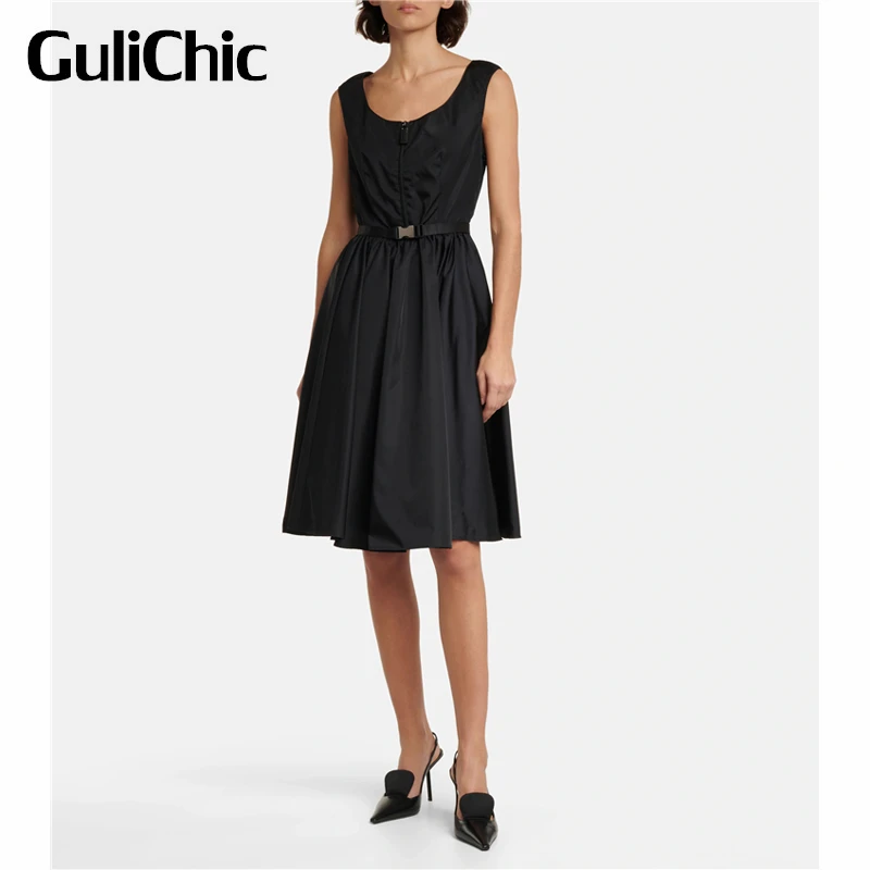 

3.11 GuliChic Black Sleeveless With Belt Zipper A-Line Dress Women