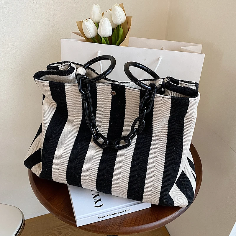 VeryMe Fashion Knitted Cloth Ladies Shoulder Women's Bag 2022 Large Capacity Travel Shopping Pack Simple Striped Female Handbags