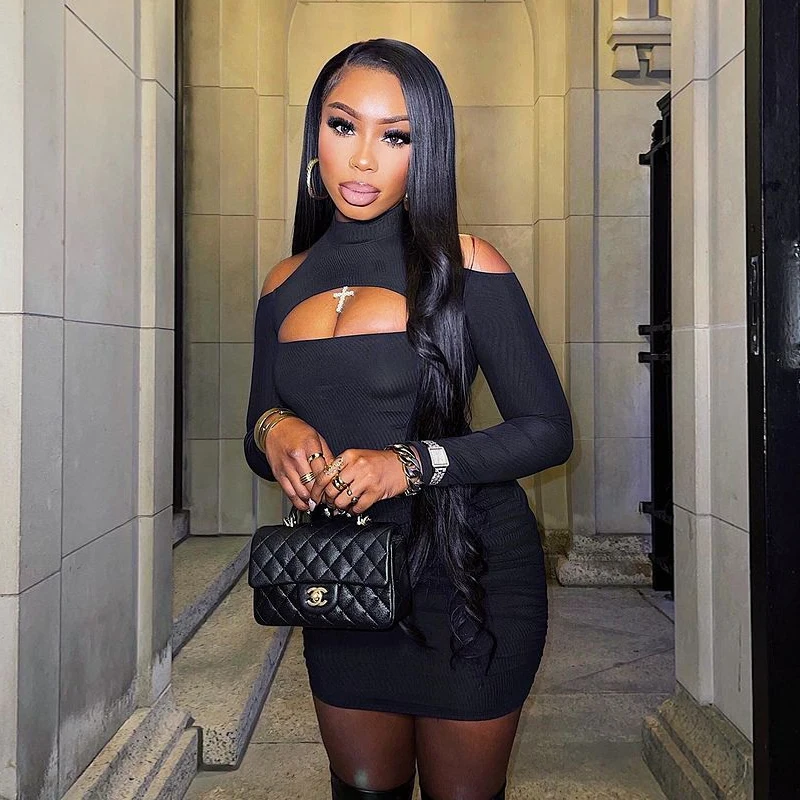 

Women Slim Mini Dress Solid Hollow out Long Sleeve Ruched Mini Dress Fashion Spring 2022 Ladies Clubwear Party Dress