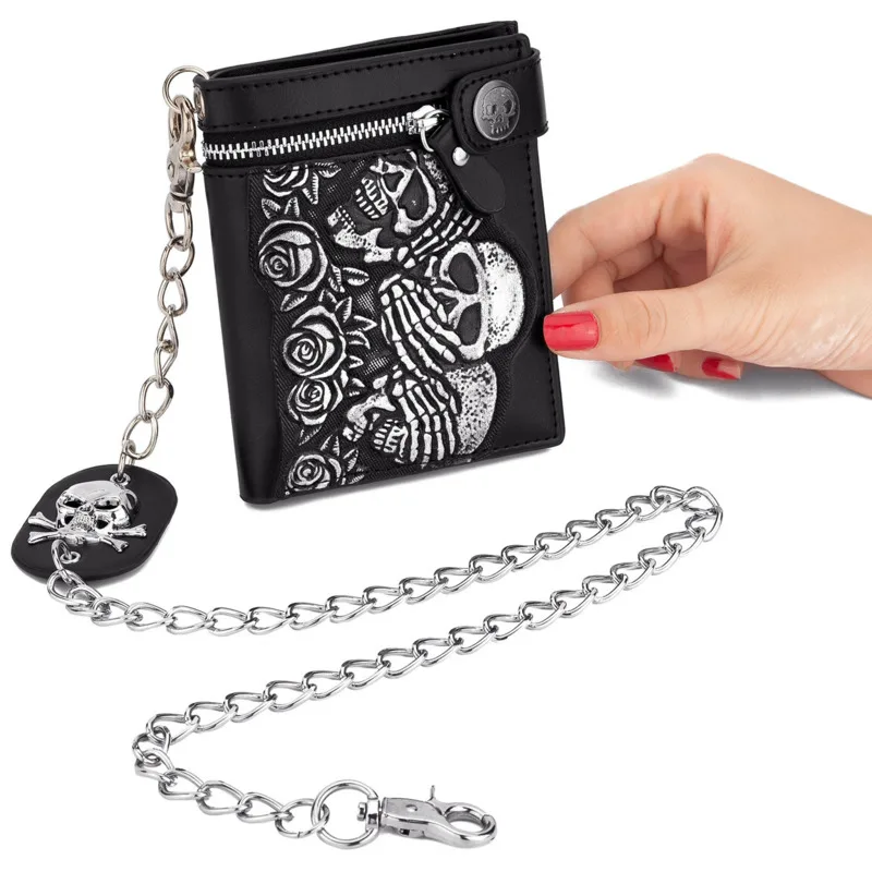 

Man Coin Wallet Card Bag Y2k Rose Skull Head Anti Theft Chain Rivet Purses Casual Zipper Male Foldable Retro Style Versatile New