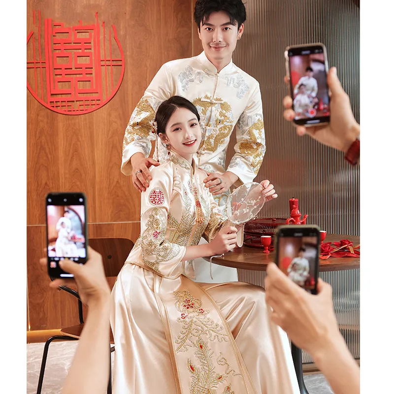 Yourqipao Rhinestone Embroidery Satin Mandarin Collar Marriage Cheongsam Elegant Chinese Couple Wedding Dress Свадебное платье