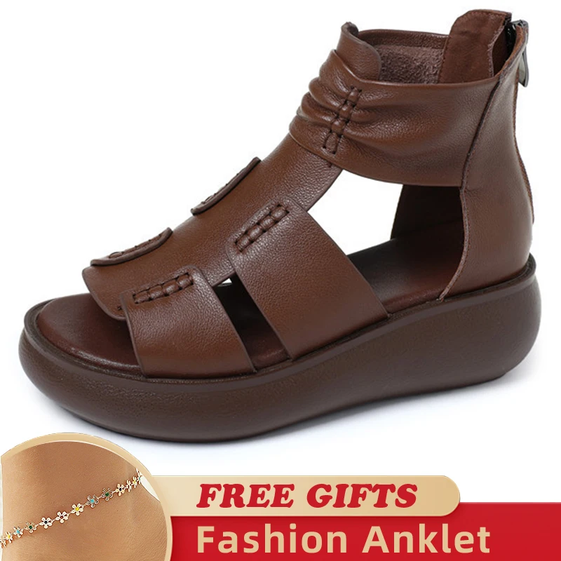 

Сандалии женские из натуральной кожи на платформе, босоножки на танкетке, модная обувь, большие размеры, на лето