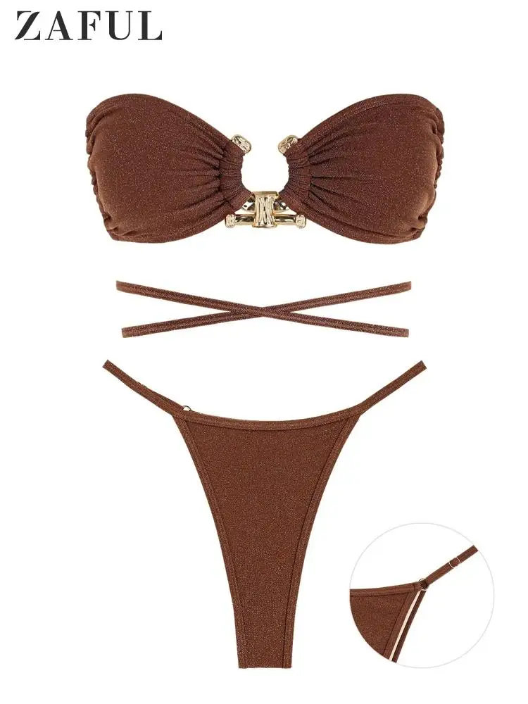 

ZAFUL Bandeau Swimsuit For Women Sexy Bikini Set Strapless Bikini Top Low Waist Tie Swim Briefs Bottom Criss Cross Swimwear