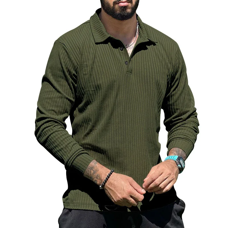 

2023 Fall Casual Mens Polo Shirt Solid Color Ribbed Lapel Buttoned Long Sleeve Pullover Tops Men Clothes Leisure Daily Polo Tees