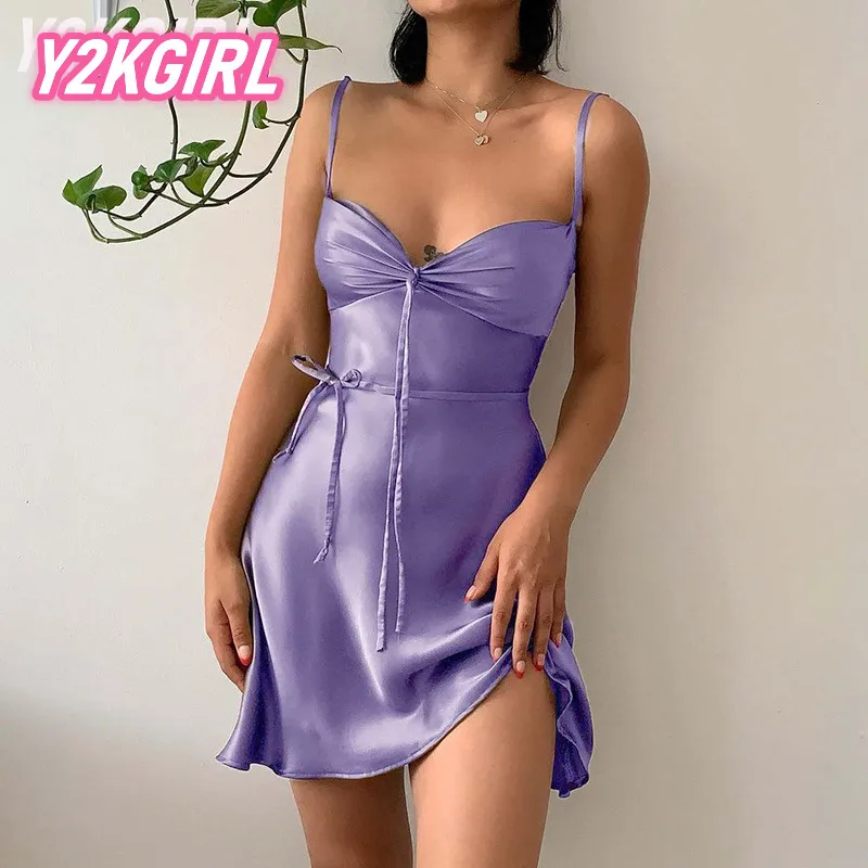

Y2KGIRL Fashion Solid Color Sling Pullover Smocked Tie Mid Waist Bag Hip Dress Trend Street Women Short Skirt 2022 NEW Summe