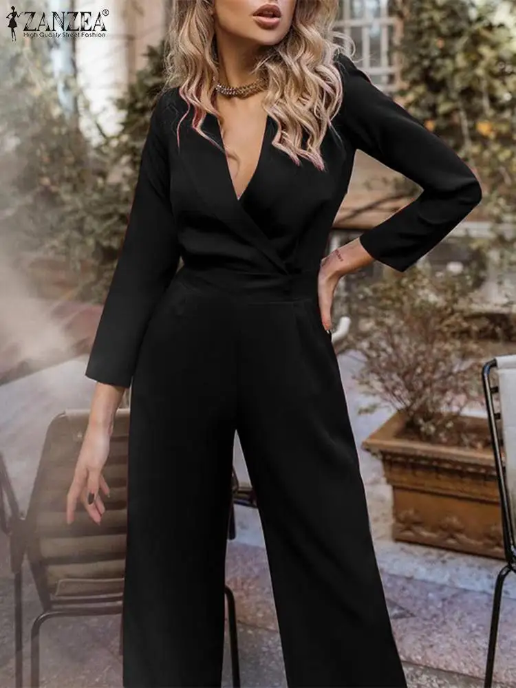ZANZEA Elegant Office Lady Jumpsuits Women Fashion Suit Collar Pockets Waisted Long Rompers Autumn 2022 Wide Leg Pant Overalls