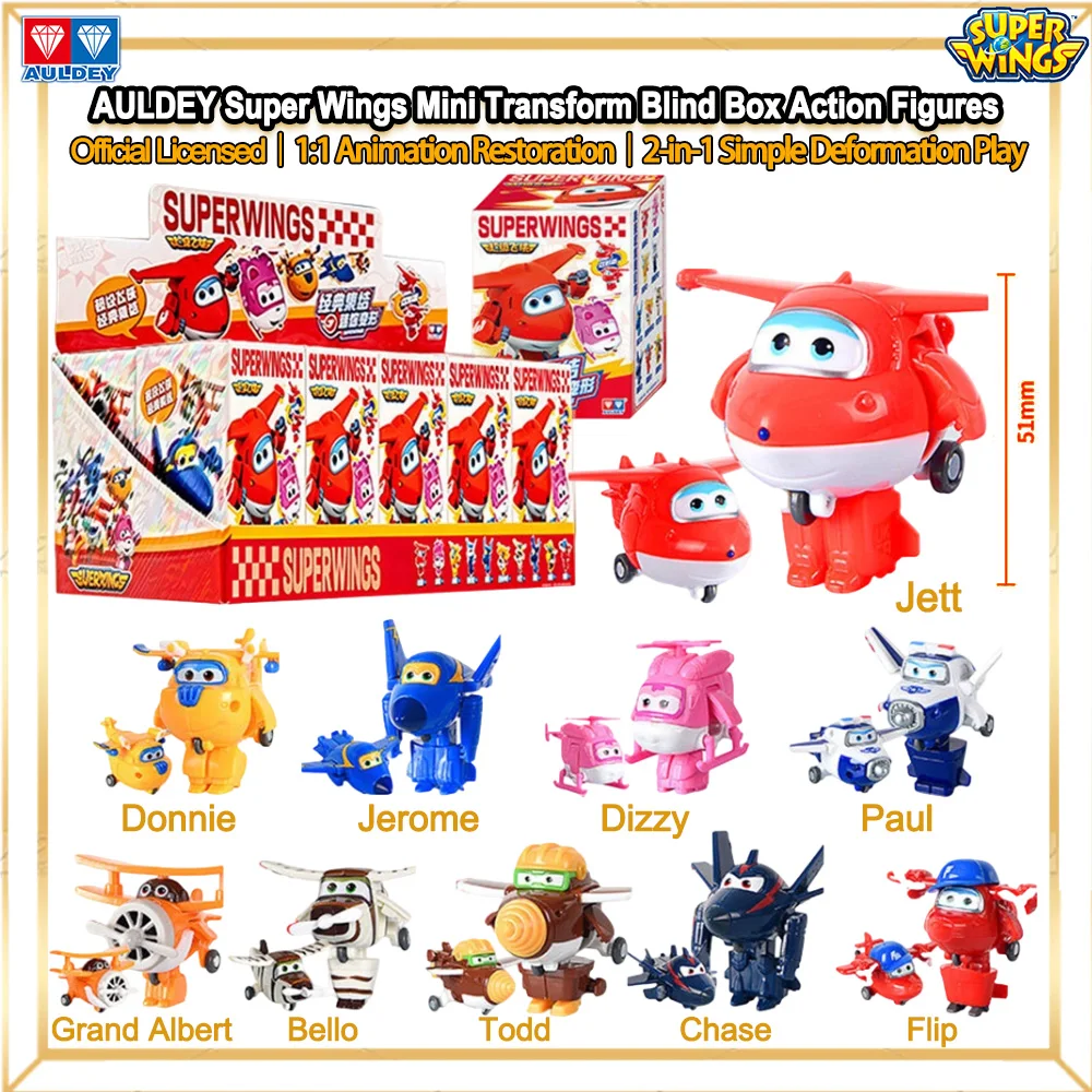 Фото Оригинальные игрушки AULDEY Super Wings: мини-фигурки Джетт, Диззи, Донни в слепых коробках, 10 классических персонажей, подарок на день рождения №1