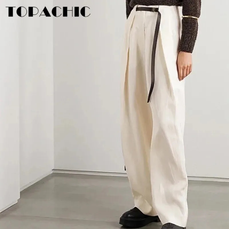 6.12 High Quality Silk Linen Blend High Waist With Belt Pleated Wide Leg Pants Women