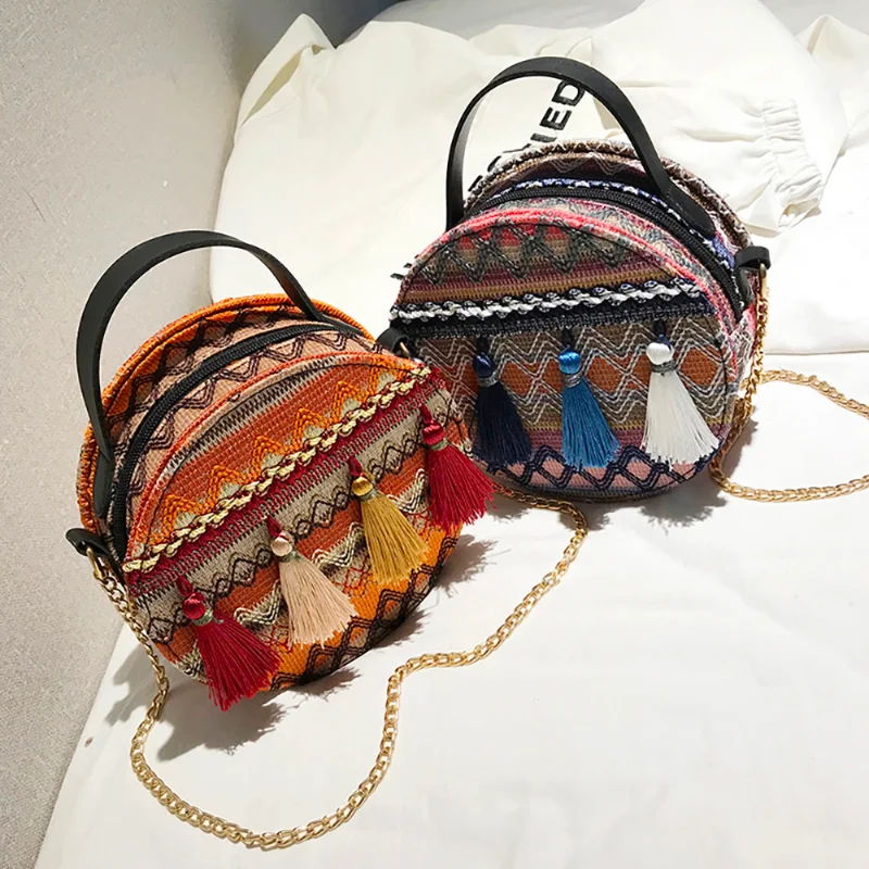 

Crossbody Ethnic Bags Women Handbag Beach Tassel Women Messenger Bags Female Bohemian Round Handmade Purses City Bag Luxury