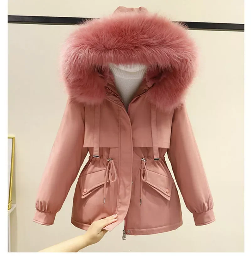 NEW2022 Padded Plus Size 2XL Winter Big Fur Jacket Women Loose Slim Warm Hooded Parka Coat Down jacket