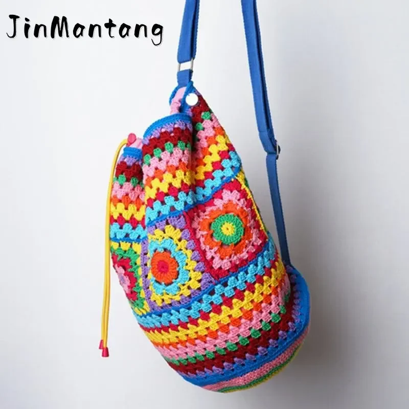 

Bohemian Crochet Barrel Shaped Women Shoulder Bags Knitted Granny Square Backpacks Handmade Woven Handbag Casual Travel Bag 2022
