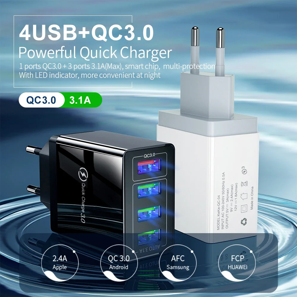 

Быстрое зарядное устройство QC3.0, зарядное устройство для телефона и планшета, зарядное устройство с 4 USB-портами, универсальное дорожное зар...