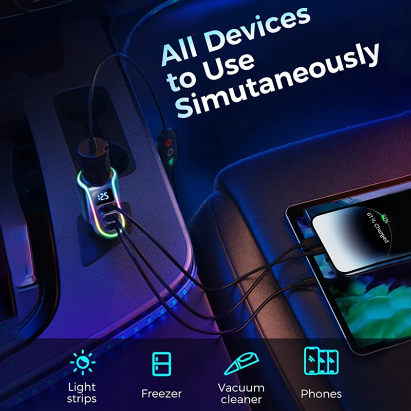 150W 4 in 1 Cigarette Lighter USB Car Charger Adapter, PD3.0 & QC3.0 30W Super Fast USB C Car Charger For iPhone Samsung GPS